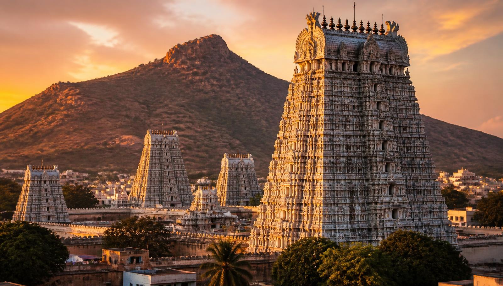 Arunachaleswarar Temple with Arunachala Hill in Tiruvannamalai
