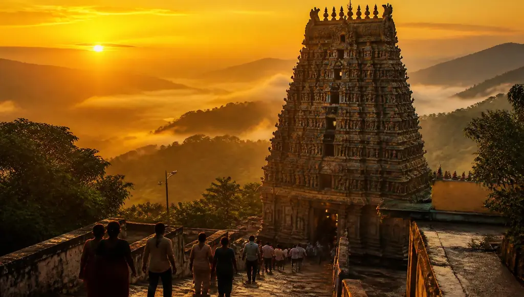 Pilgrims walking towards a South Indian hill temple gopuram at sunrise